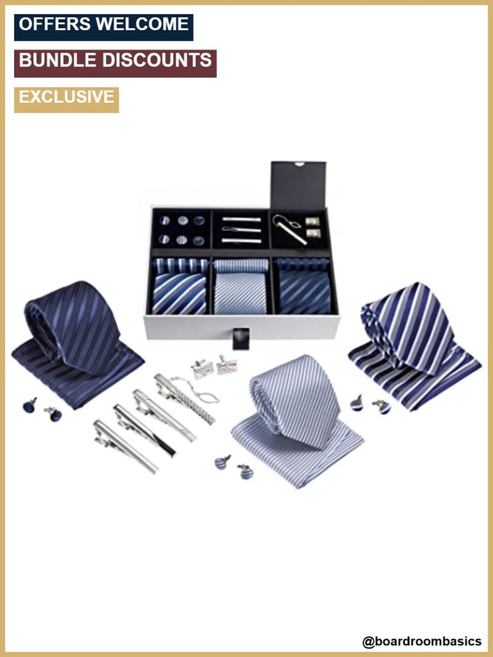 Men's Silk Tie Gift Set with Pocket Squares, Tie Clips & Cufflinks